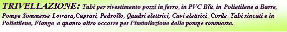 Casella di testo: TRIVELLAZIONE: Tubi per rivestimento pozzi in ferro, in PVC Bl, in Polietilene a Barre, Pompe Sommerse Lowara,Caprari, Pedrollo, Quadri elettrici, Cavi elettrici, Corde, Tubi zincati e in Polietilene, Flange  e quanto altro occorre per linstallazione delle pompe sommerse.